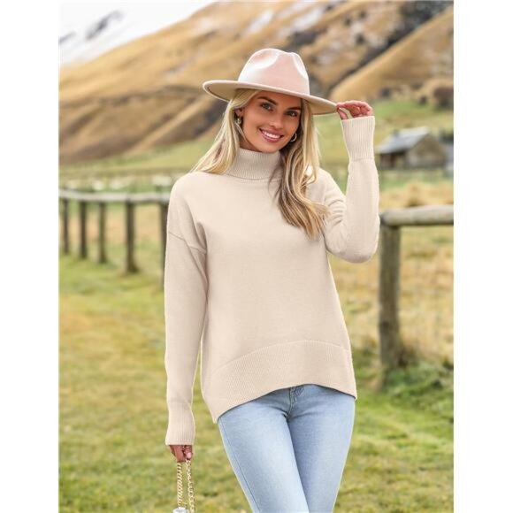 Womens Turtleneck Sweater Chunky Knit Pullover High Low Hem Fall Winter Top - Picture 2 of 5